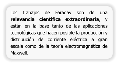 Los trabajos de Faraday son de una relevancia científica extraordinaria, y están en la base tanto de las aplicaciones tecnológicas que hacen posible la producción y distribución de corriente eléctrica a gran escala como de la teoría electromagnética de Maxwell.