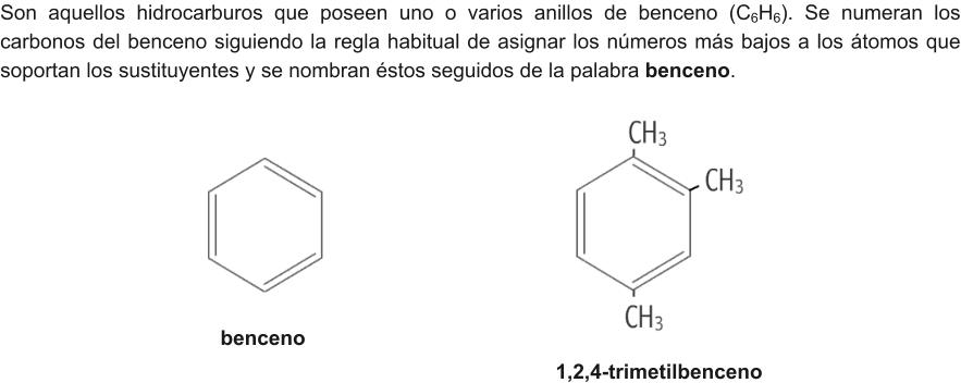 Son aquellos hidrocarburos que poseen uno o varios anillos de benceno (C6H6). Se numeran los carbonos del benceno siguiendo la regla habitual de asignar los números más bajos a los átomos que soportan los sustituyentes y se nombran éstos seguidos de la palabra benceno. benceno                              1,2,4-trimetilbenceno