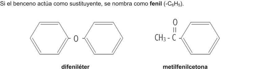 Si el benceno actúa como sustituyente, se nombra como fenil (-C6H5). difeniléter				                   metilfenilcetona