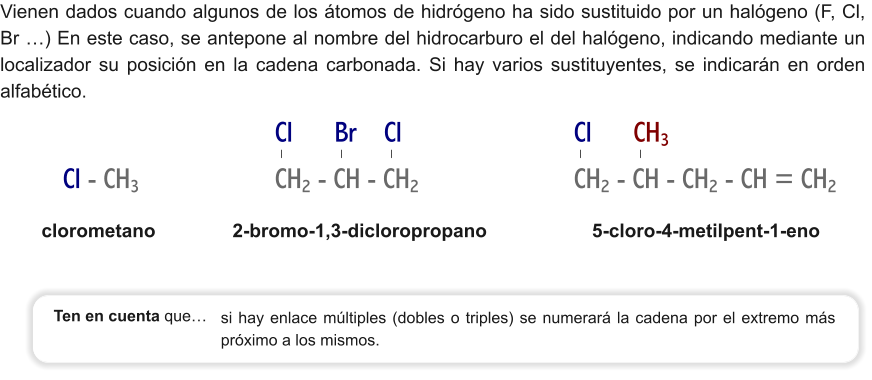 Vienen dados cuando algunos de los átomos de hidrógeno ha sido sustituido por un halógeno (F, Cl, Br …) En este caso, se antepone al nombre del hidrocarburo el del halógeno, indicando mediante un localizador su posición en la cadena carbonada. Si hay varios sustituyentes, se indicarán en orden alfabético. si hay enlace múltiples (dobles o triples) se numerará la cadena por el extremo más próximo a los mismos. Ten en cuenta que…  clorometano 5-cloro-4-metilpent-1-eno Cl - CH3 CH2 - CH - CH2 Cl      Br    Cl  2-bromo-1,3-dicloropropano CH2 - CH - CH2 - CH = CH2 Cl      CH3