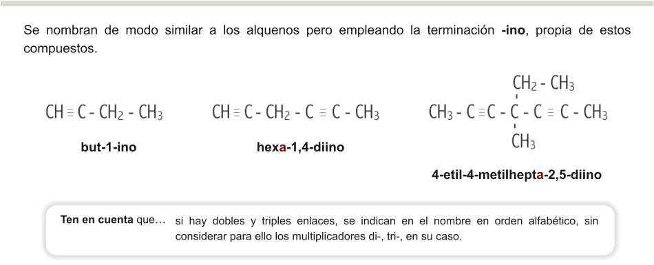 Se nombran de modo similar a los alquenos pero empleando la terminación -ino, propia de estos compuestos.                          4-etil-4-metilhepta-2,5-diino but-1-ino                                 hexa-1,4-diino                          si hay dobles y triples enlaces, se indican en el nombre en orden alfabético, sin considerar para ello los multiplicadores di-, tri-, en su caso. Ten en cuenta que…
