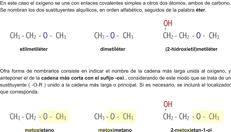 En este caso el oxígeno se une con enlaces covalentes simples a otros dos átomos, ambos de carbono. Se nombran los dos sustituyentes alquílicos, en orden alfabético, seguidos de la palabra éter. etilmetiléter                                      dimetiléter                             (2-hidroxietil)metiléter Ofra forma de nombrarlos consiste en indicar el nombre de la cadena más larga unida al oxígeno, y anteponer el de la cadena más corta con el sufijo -oxi., considerando de este modo que se trata de un sustituyente ( -O-R ) unido a la cadena más larga o principal. Si es necesario, se incluirá el localizador que corresponda. metoxietano                                metoximetano                            2-metoxietan-1-ol