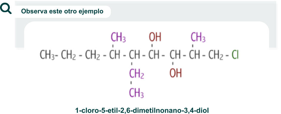 Observa este otro ejemplo 1-cloro-5-etil-2,6-dimetilnonano-3,4-diol