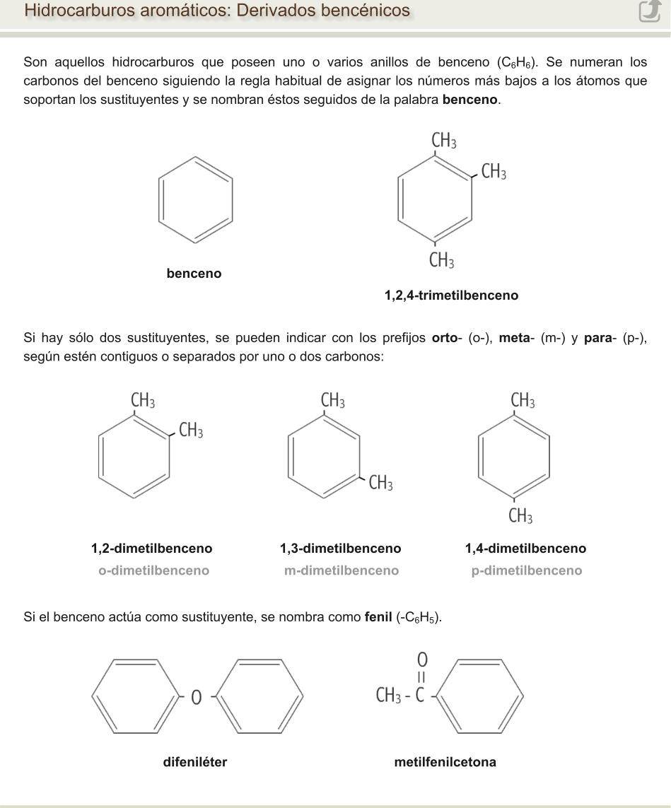 Hidrocarburos aromáticos: Derivados bencénicos Son aquellos hidrocarburos que poseen uno o varios anillos de benceno (C6H6). Se numeran los carbonos del benceno siguiendo la regla habitual de asignar los números más bajos a los átomos que soportan los sustituyentes y se nombran éstos seguidos de la palabra benceno. benceno                              1,2,4-trimetilbenceno Si hay sólo dos sustituyentes, se pueden indicar con los prefijos orto- (o-), meta- (m-) y para- (p-), según estén contiguos o separados por uno o dos carbonos: 1,2-dimetilbenceno                  1,3-dimetilbenceno                 1,4-dimetilbenceno   o-dimetilbenceno	                m-dimetilbenceno	                p-dimetilbenceno Si el benceno actúa como sustituyente, se nombra como fenil (-C6H5). difeniléter				                   metilfenilcetona