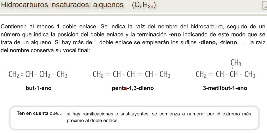 Hidrocarburos insaturados: alquenos    (CnH2n) Contienen al menos 1 doble enlace. Se indica la raíz del nombre del hidrocarburo, seguido de un número que indica la posición del doble enlace y la terminación -eno indicando de este modo que se  trata de un alqueno. Si hay más de 1 doble enlace se emplearán los sufijos -dieno, -trieno, ...  la raíz del nombre conserva su vocal final: but-1-eno                                      penta-1,3-dieno                               3-metilbut-1-eno si hay ramificaciones o sustituyentes, se comienza a numerar por el extremo más próximo al doble enlace.  Ten en cuenta que…