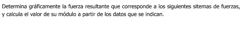 Determina gráficamente la fuerza resultante que corresponde a los siguientes sitemas de fuerzas, y calcula el valor de su módulo a partir de los datos que se indican.