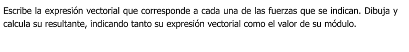 Escribe la expresión vectorial que corresponde a cada una de las fuerzas que se indican. Dibuja y calcula su resultante, indicando tanto su expresión vectorial como el valor de su módulo.